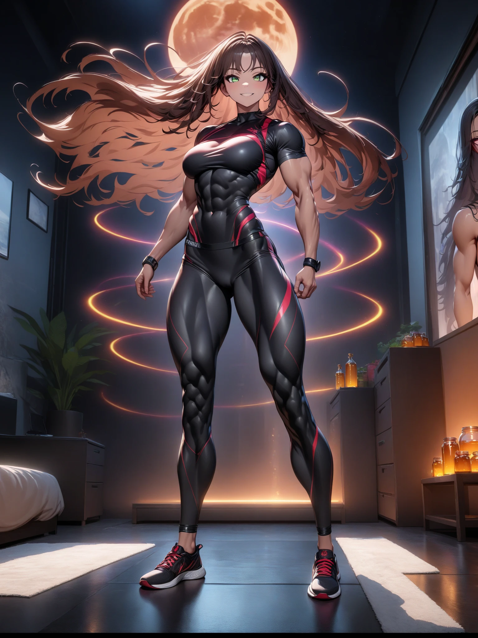 arafed female bodybuilder posing in front of candles, muscular ultraviolent woman, muscular and terrifying, strong and imposing, feminine and muscular, exaggerated physique, Dark goddess with six arms, exaggeratedly large physique, coxas musclegirls, detailed venous muscles, mulheres guerreiras musclegirls, massive muscles, dominant pose, huge muscles, bursting with muscles, extreme muscles, musclegirl, coastal, Huge coasts, side-by-side, gazing at viewer, looked at me, side-by-side, flexed arms, Eyes red, ela colocou as hands on breasts, , looking at me, malicious smile,facing me, hands on breasts, extremely tight dress, more muscular, muito musclegirl