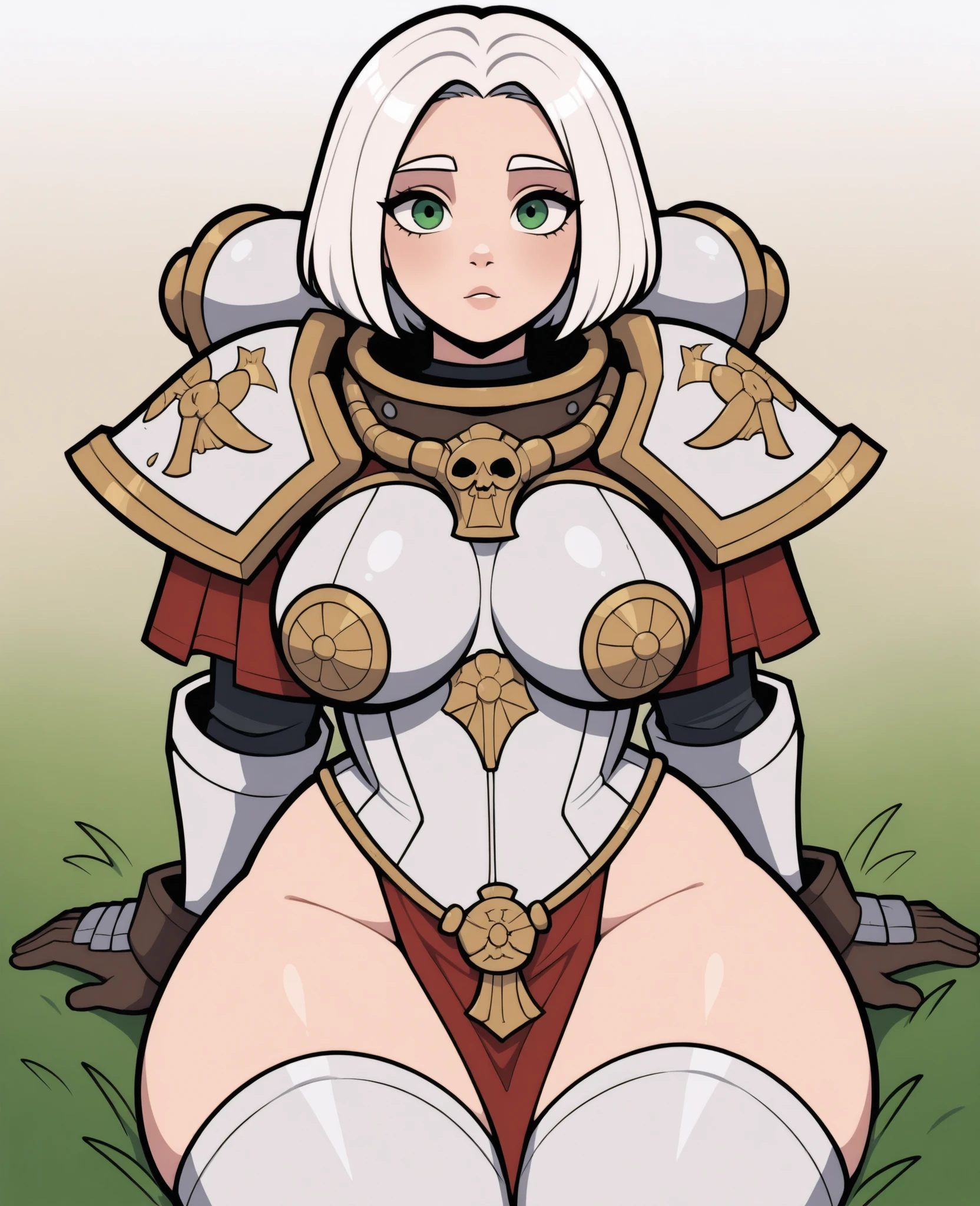 Beautiful girl, medium white hair, lush breasts, thick hips, adepta sororitas armour, loincloth, correct anatomy, laughs sweetly,lies on the grass, (yellow armor elements), (white armor.)