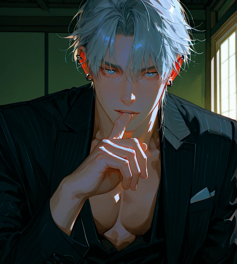 1 male, high resolution 8k, adult, handsome, perfect face detail, detailed eyes and face, clean shaved, sixpack realistic, white eyebrow hair, white eyelashes, Naked torso, Detailed face, perfect face, dynamic lighting, unreal engine, hd picture, satoru gojo, Jujutsu kaisen, white hair, short hair, hair between eyes, blue eyes, white skin, Open clothes, Hold a cigarette
