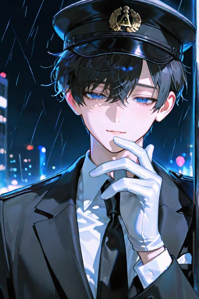 8k, best quality, masterpiece: 1.2, a boy, black suit, white shirt, male god, someone holds him an umbrella, black hair, differential broken cover, smoke in the mouth, ready to light a cigarette, rainy day, on the street