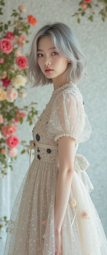 masterpiece, best quality,
Closed eyes, silver hair, solo,bangs, ((art nouveau)), ((blue flowers)), elf, long silver hair, ((ponytails)), ((standing)), wind, gentle smile, white dress, looking down, ((portrait)), ((flat colored))