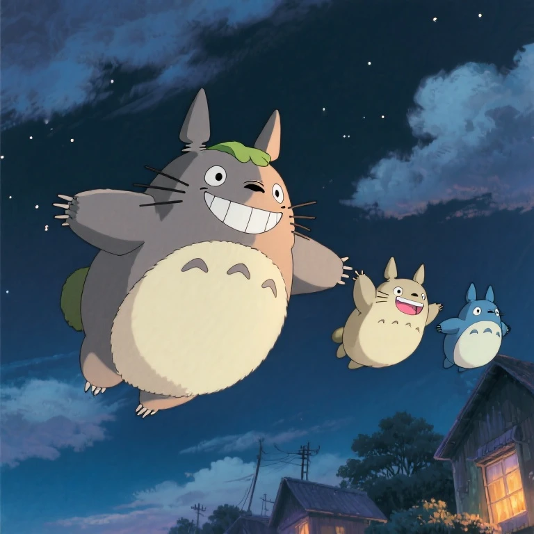 Ghibli anime「and My Neighbor Totoro」's big Totoro, medium Totoro, and small Totoro are flying through the sky with a smile。Max Masterpiece。best quality。Highest Quality。Reproduce the flying scene from the anime。warm atmosphere。Night Village。