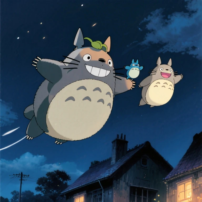 Ghibli anime「and My Neighbor Totoro」's big Totoro, medium Totoro, and small Totoro are flying through the sky with a smile。Max Masterpiece。best quality。Highest Quality。Reproduce the flying scene from the anime。warm atmosphere。Night Village。
