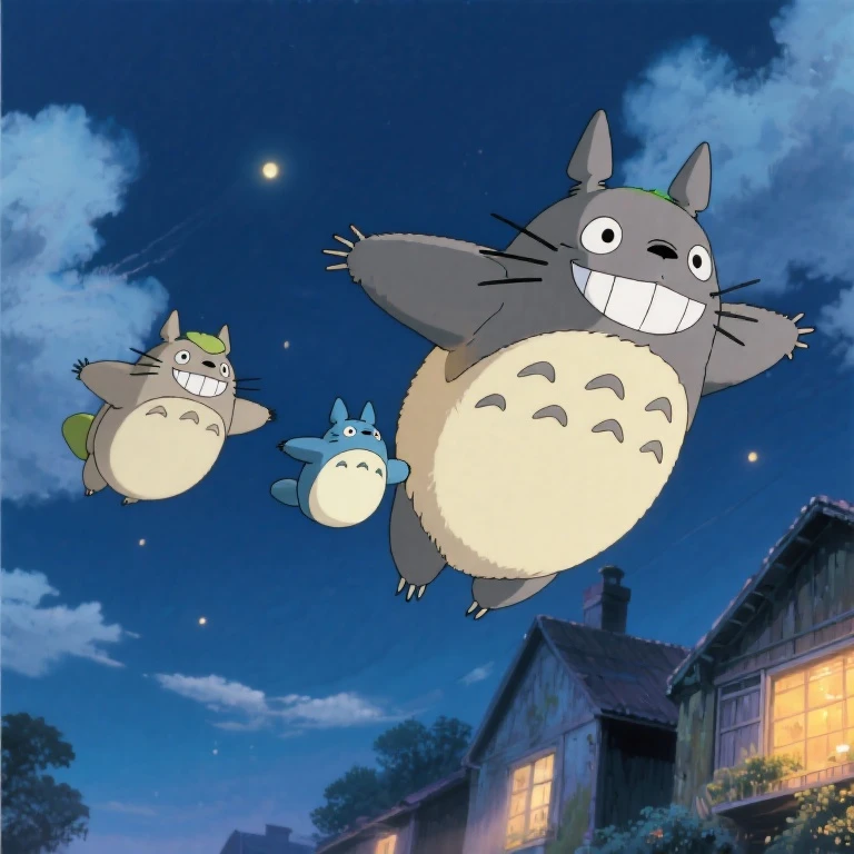 Ghibli anime「and My Neighbor Totoro」's big Totoro, medium Totoro, and small Totoro are flying through the sky with a smile。Max Masterpiece。best quality。Highest Quality。Reproduce the flying scene from the anime。warm atmosphere。Night Village。