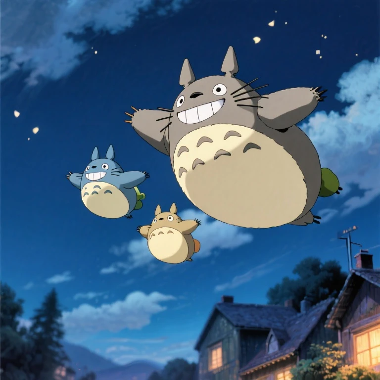 Ghibli anime「and My Neighbor Totoro」's big Totoro, medium Totoro, and small Totoro are flying through the sky with a smile。Max Masterpiece。best quality。Highest Quality。Reproduce the flying scene from the anime。warm atmosphere。Night Village。