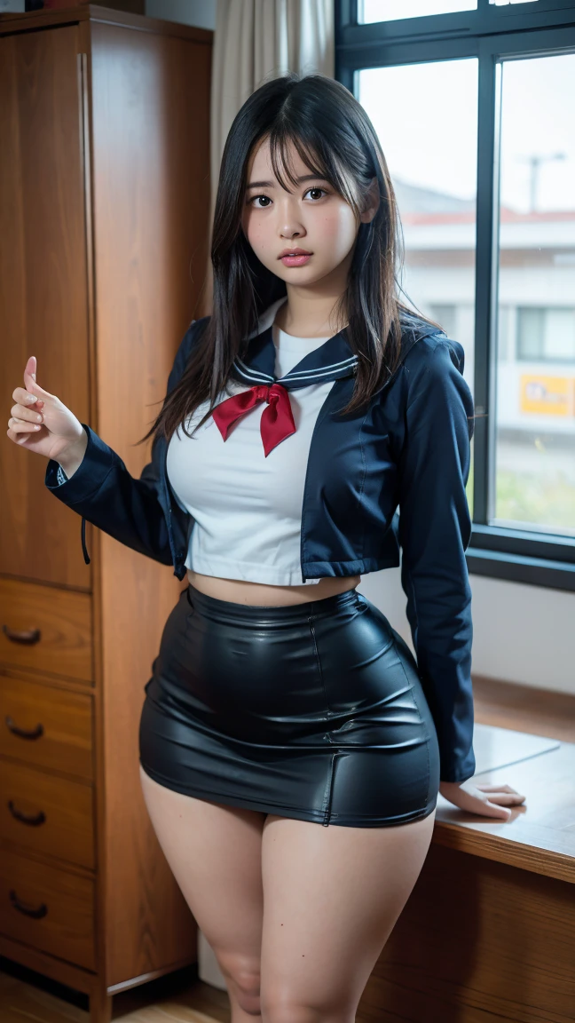 There is a woman in uniform posing in a room, uma aluna hiperrealista, uma aluna hiperrealista, Young engraving idol, Japan school uniform, realistic young gravure idol, Young engraving idol bonita, Estudante bonito, de uma aluna posando, Sakimichan, wearing japanese school uniform, Uniforme escolar da  japonesa