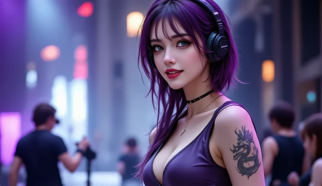 masterpiece, woman , dynamic, kpopIDOL, promotional photo, raise hand, shout, kiss, face close, downtown, hustle, impressive eyes, fine skin texture, confident lol, overhead view, strabismus, strabismus, strabismus, high resolution, profoto, street corner, crotch, red, button Tank top, string sport bikini, spotlight, rock singer, rainbow hair,, navel, straight hair, hands in pockets, Headphones, Long Hair, Tattoo