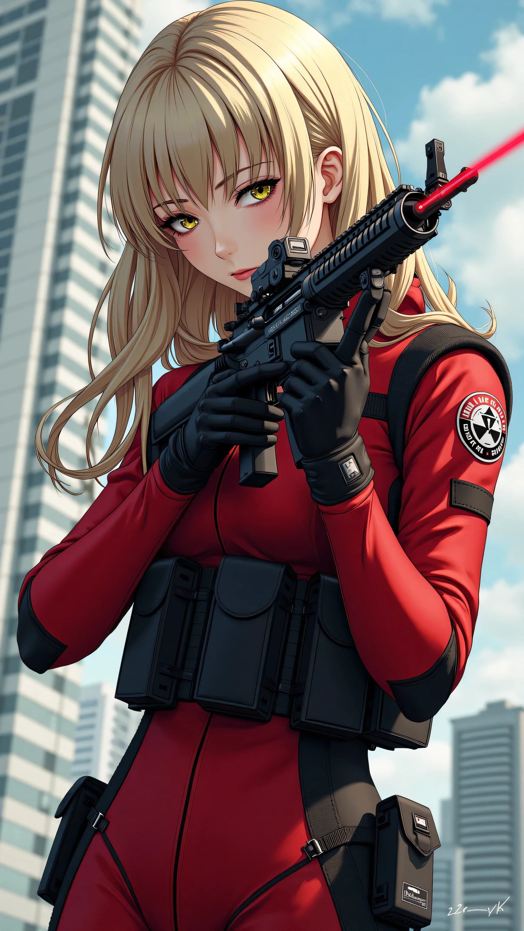 (masterpiece、 exceptional quality 、 Like a mirror 、 cinematic experience 、 insanely detailed、 No sword)、8k、wallpaper、 (BEST ILLUSTRATION:2.0)、 (one girl:2.0)( Ghost in the Shell worldview:2.0)、 Gunfight、 (Point the red laser pointer at the white tactical bodysuit:2.0)、 (heavy red bulletproof vest:2.0)、 (black gloves:2.0)、 (LONG BLONDE HAIR:2.0)、 (Face Details )、 (Female Hand Drawn Detail:2.0)、 (M-16 Facing:2.0)、 (The background is Tokyo with science and technology)Phenomenon :2.0)、 M-16 Shoot While Falling from an Assault Rifle Building、(Something with a laser pointer attached under the muzzle of an M-16 Assault Rifle:2.0)、(M-16 Assault Rifle Shooting:2.0)full body highdefinition picture。
