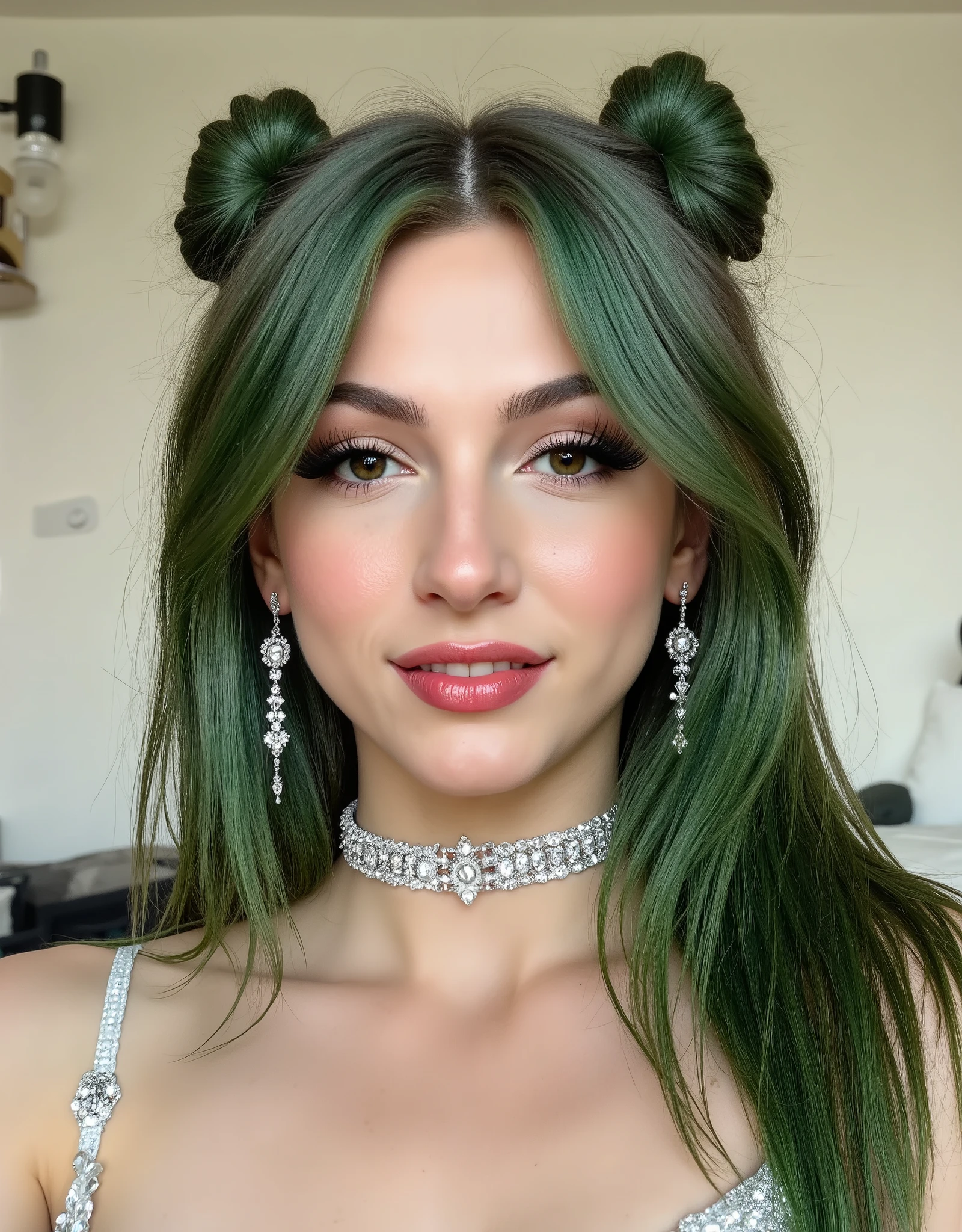outrageously long and voluminous lash extensions. beautiful girl. long green hair. the hair is gathered in two buns. she smile, bright makeup, doll face, a diamond choker around her neck. long diamond earrings