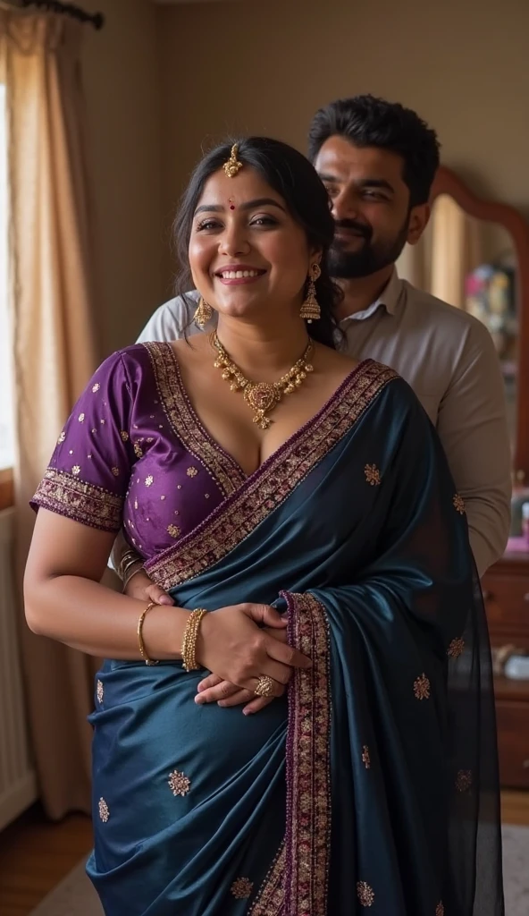 A radiant, full-figured South Indian 25 year old woman wearing a black saree tenderly hugging a jubilant 25-year-old man while in living room, captured in a full-body image with vibrant hues and meticulous details. Belly button visible . Full body image