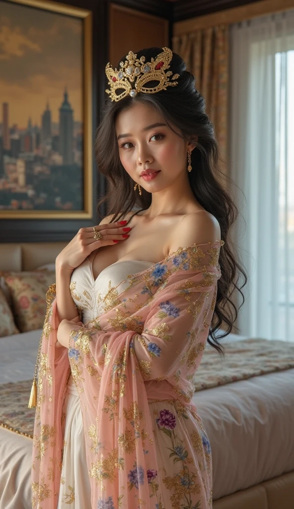 Extremely stunning beautiful girl,beautiful detailed eyes,beautiful detailed lips,extremely detailed face and skin,long eyelashes,detailed hair,silk nightgown, very detailed bedroom interior,luxury bedroom, floral bedsheets,silk curtains,crystal chandelier,warm ambient lighting,cinematic lighting,photorealistic,masterpiece,best quality,8k,ultra-detailed,vivid colors,soft focus,intricate details, weared in swimsuite minibikini