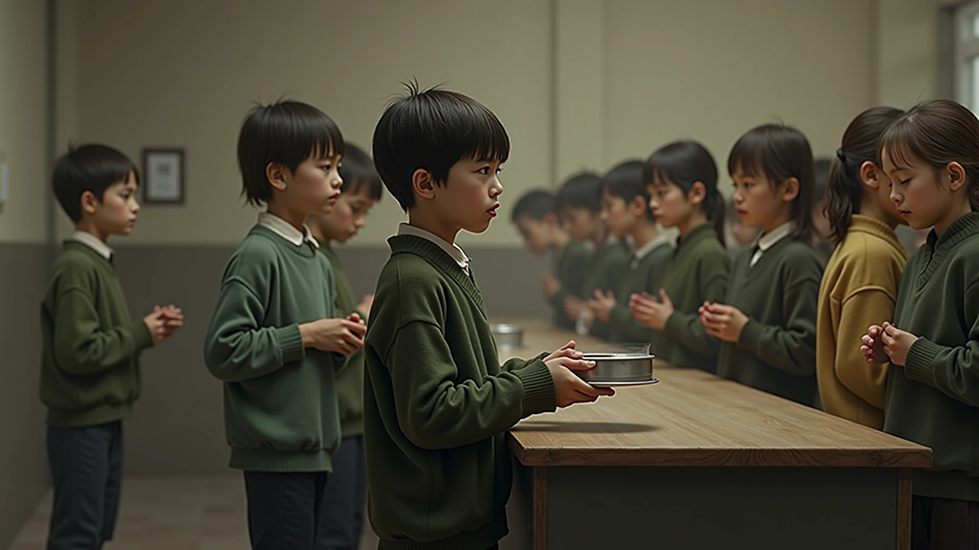 "Horror style 7 people around the rectangular table Eating 3 boys sitting at the table left 3 girls sitting at the table right 1 boy sitting on the wide edge of the table"
