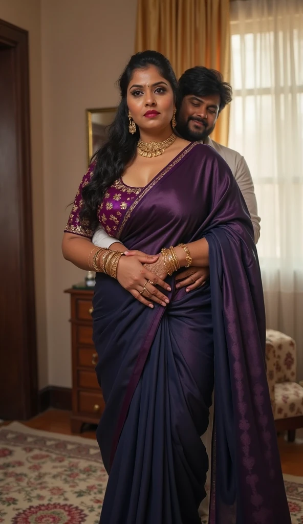 A radiant, full-figured South Indian 25 year old woman wearing a black  gown tenderly hugging  a jubilant 25-year-old man while in living room, captured in a full-body image with vibrant hues and meticulous details. Belly button visible . Full body image