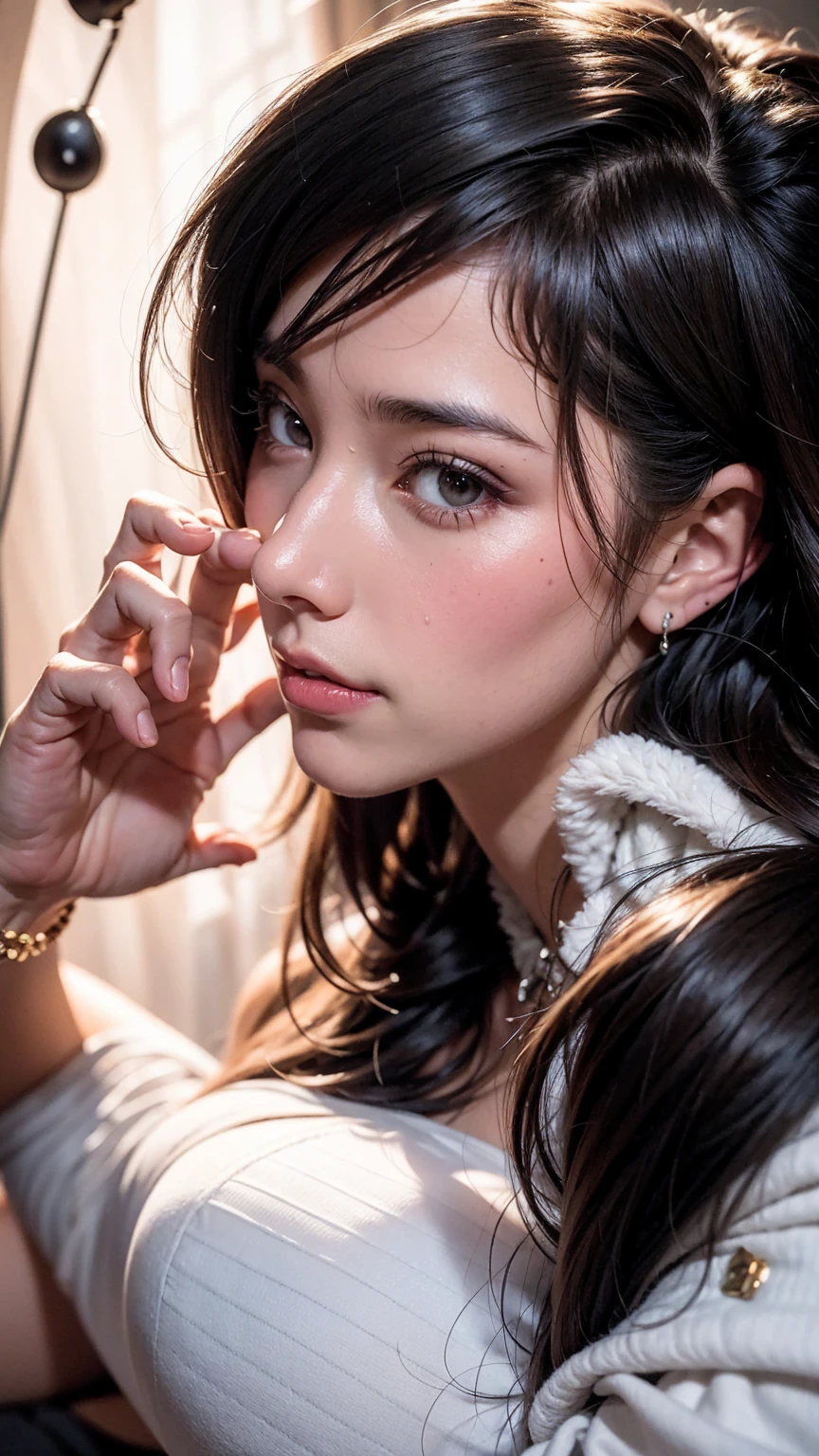there is a woman laying in bed with a cell phone, she has black hair com franja, Kiko Mizuhara, Yoshitomo Nara, dilraba dilmurat, sui ishida com cabelo preto, Kimi Takemura, The motto is Teshirogi, chiho, Narumi Kakinouchi, com franja