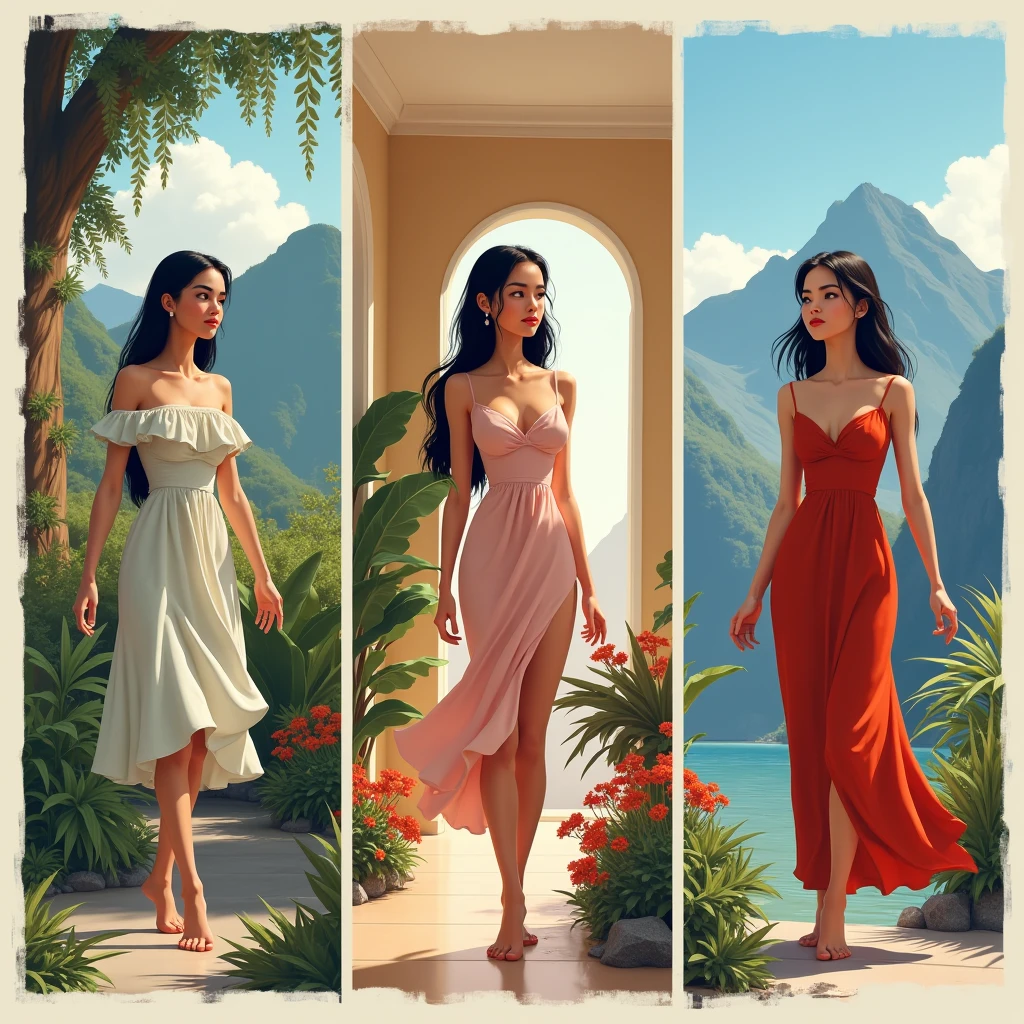 onoff, side-by-side photo, Indian woman in a sundress, black hair, updo, waterfall