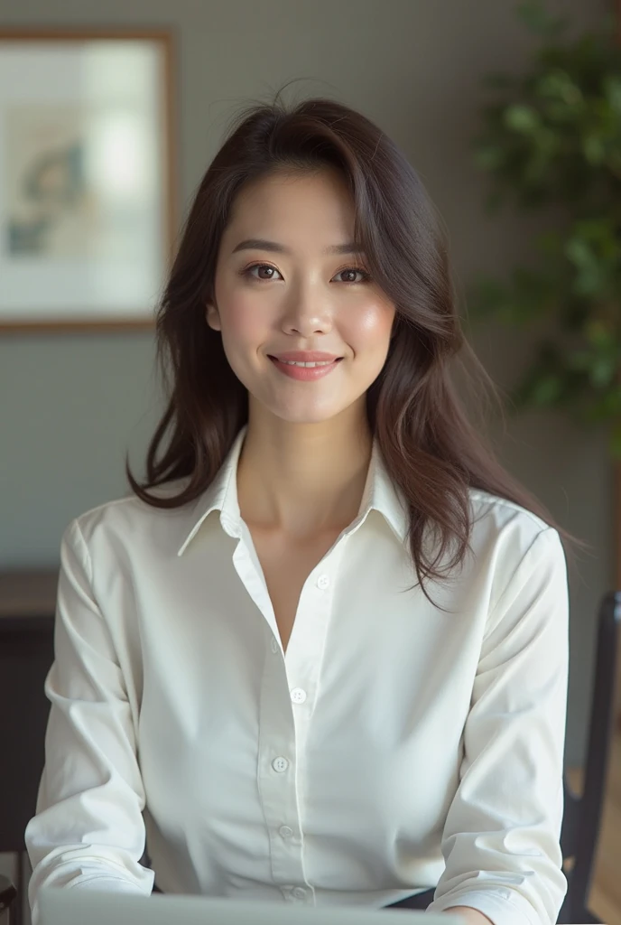 A 35-year-old Japanese woman wearing a sleeveless shirt, facing forward in a room.