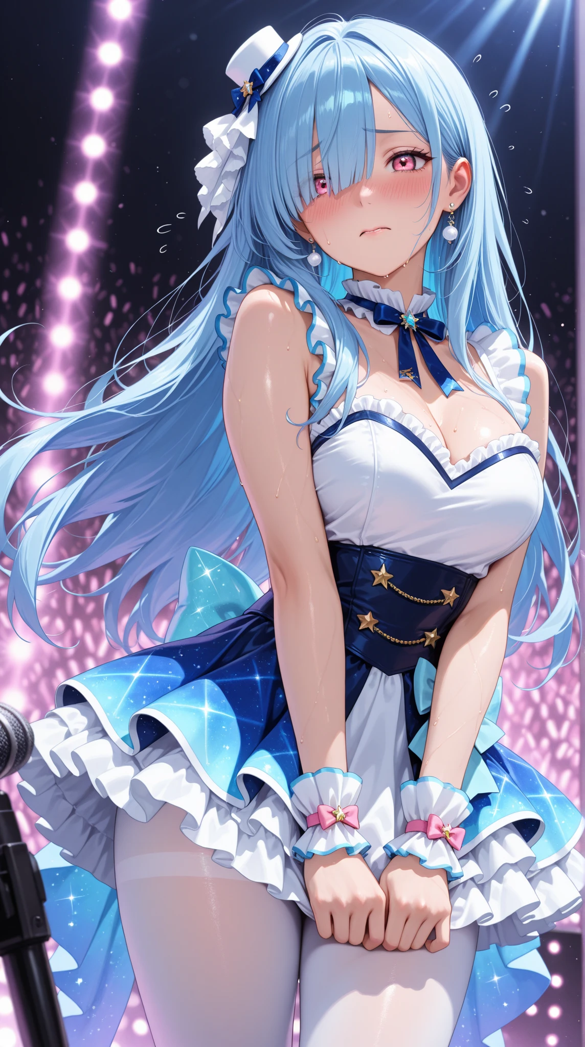 top-quality、Full limbs、complete fingers、One beautiful woman、Beautiful Large Breasts、Twin-tailed、Light blue long hair、Woman in figure skating dress with light blue and white pattern、Flesh-colored pantyhose、A smile、Ice rink、Figure Skating Arena