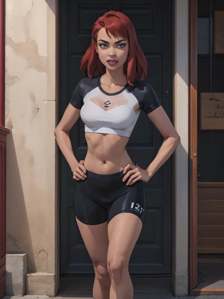 pretty woman standing wearing ankle_socks, woman leaning against the wall with her hair blowing in the wind, two piece workout clothes, usando uma regata cropped preta, usando uma regata preta cropped, topo de cabresto preto, regata preta apertada e shorts, sport bra and shorts, She's wearing a black blouse, tampo preto, sport bra and shirt, detailed sports bra, Esporte bom, full body, (white ankle_socks)