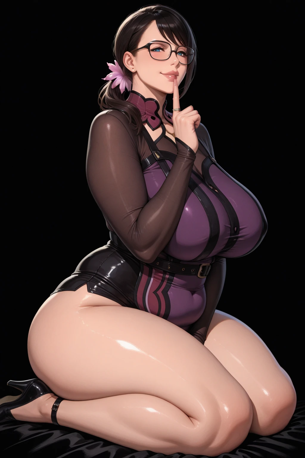 1girl,solo,super detailed skin,shiny skin,wet oily skin,natural face,lips gloss,eyelashes,half open eyes,purple hair,short hair,swept bangs,large breasts,covered erectile nipples,high leg body suit,cameltoe,Shinobi clothes,fishnet,from below,simple background,masterpiece,best quality,ultra detailed,high resolution,sharp focus,depth of field,