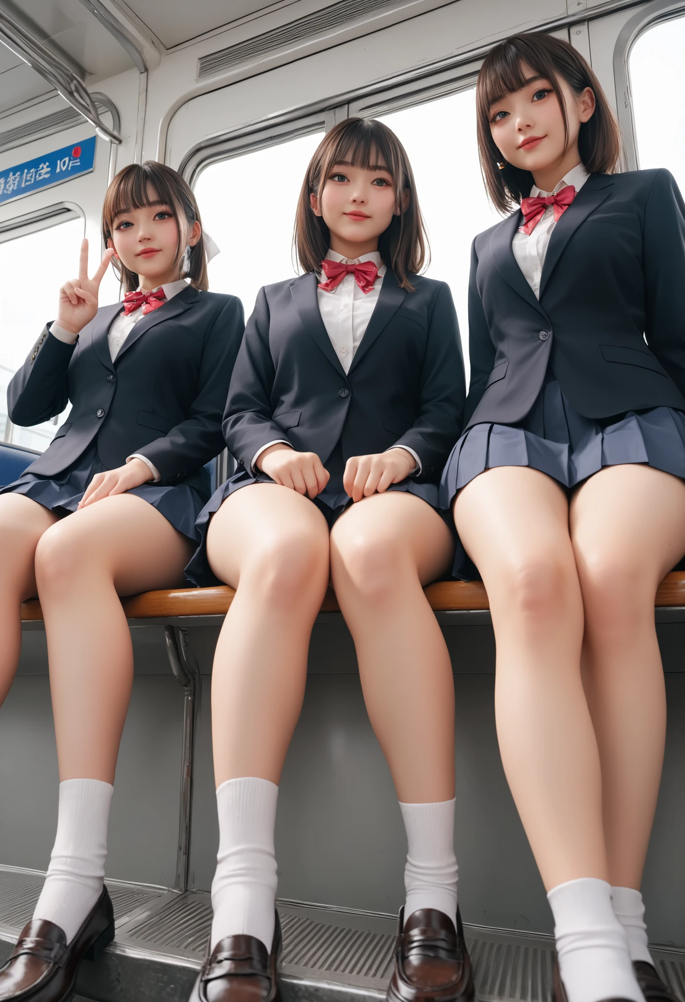 (8k), (best quality: 1.2), (realistic), (realistic: 1.37), ultra high resolution, (1 girl), cute, laugh, closed mouth, beautiful details, beautiful nose, ponytail, huge two cells, pork, thighs,Self Snap,College student ,(Simple navy blue blazer),pleated skirt,(The skirt and tie are in a gray tartan check pattern.....:1.3),(seat:1), sit on the floor,(hug your feet:1),(peach stockings:1.2),in front,knee,loafers