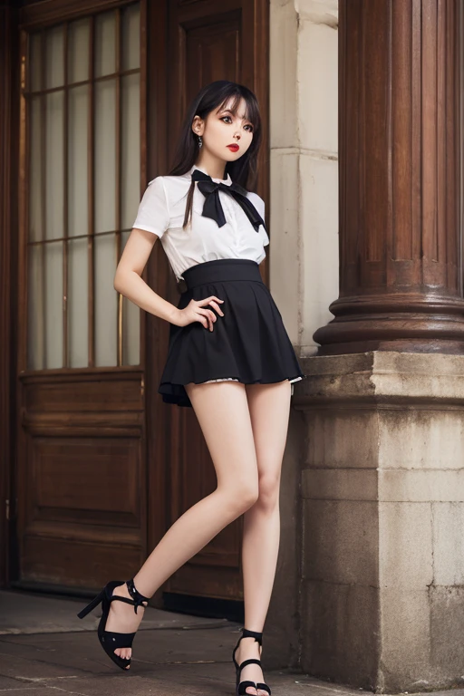 Brown hair、Watching the audience　　suspenders　　　Large swollen breasts　　 　 　　　　Black mini skirt　garter belt　Knee-high socks　　　　　　Side view　　　Small face　bangs 　　　　　Beauty　　Hands up　　 　Sideways glance 　Black boots 　Taunt　　　one person 　　　Dress shirt　　　Hands Behind Back　put your hands behind your back　Hands behind your back　With your hands behind your back　Armament　holster　　Belt Garter Bell Black Gloves with Holes A Hotel Room　Bed　Wall side　Blonde