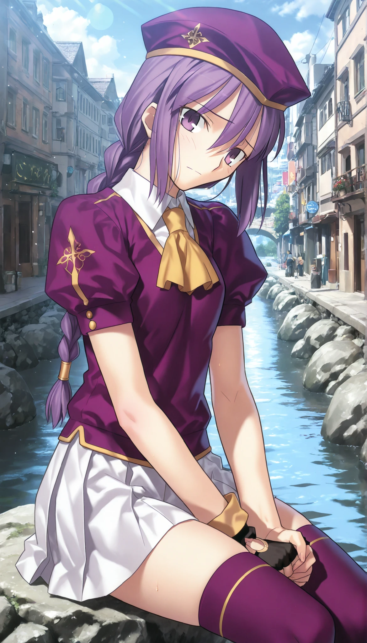 masterpiece, , absurdres, highres, detailed background, high resolution, masterpiece, necessary, detail, best quality, quality, necessary, details, High details, Precise, 8k outdoors, (Eco-Futuristic Canal City, colorful light particles, powder light, river), day, lens flare, blurry background, from side,
1girl, Takeuchi Takashi (type-moon,tsukihime) style, takeuchi takashi style, (aged up), (sitting on rock),(fidgeting) ,long thighs, cowboy shot,
girl, (slender body, slim arms, slim bod), (Sion) Eltnum (Atlasia) ,sion eltnam atlasia,(fate), purple hair , purple eyes, tsurime, hair between eyes ,long bang, long hair , braided hair , braided ponytail , yellow ribbon , EltnumOutfit ,small breasts, light purple sweater ,puffy short sleeves, collared undershirt , white undershirt , undershirt , yellow ascot ,(short sleeve), ,white skirt ,miniskirt, gold trim ,purple thighhighs ,single glove ,fingerless glove, black glove ,dark purple beret, ,((head tilt)), looking at viewer,(small breasts), ,