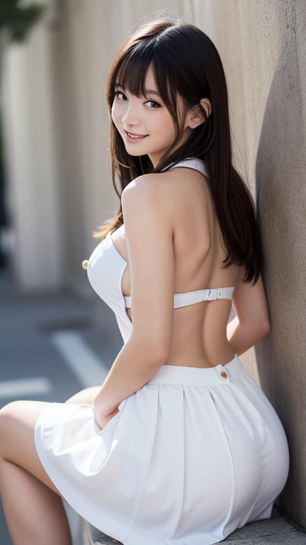Cheerleader,8K、Detailed Description、Very high definition、Realistic、reality的、Real、live-action、reality、High resolution、beautiful girl、21 years old、Daytime、Dark brown eyes,light smile,Mouth closed、ponytail、Knee-up-top angle of view、Back view、look back、Very black hair、pretty girl、Beauty、Glowing Skin、Glowing Skin、Shiny Hair、Hair blowing in the wind、Very white skin、Heavy makeup、Large Breasts、Slit eyes、Dark brown eyes、Big Eyes、Double eyelids、Don't show your teeth、Look at this and laugh、
