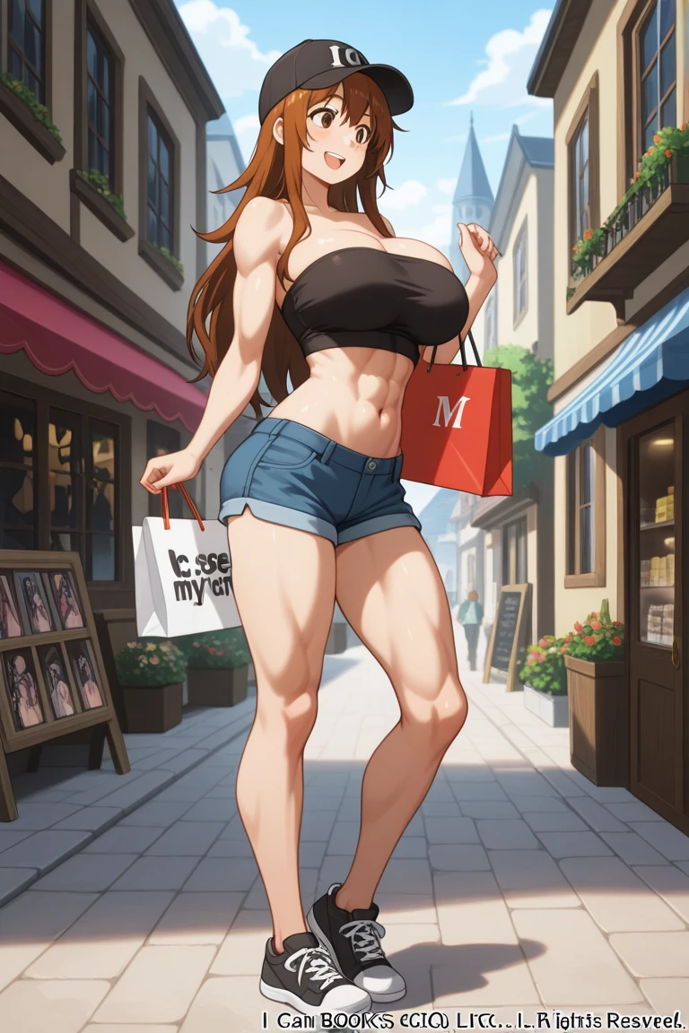 attractive korean woman, ripped muscle, muscular body, small breast, pale skin, smile(blush), nude, thin necklace, sixpack abs, [ultra detailed skin:1.2], brown hair, long wavy hair, 8k uhd, pussy, full body, crowd, public, street, standing,