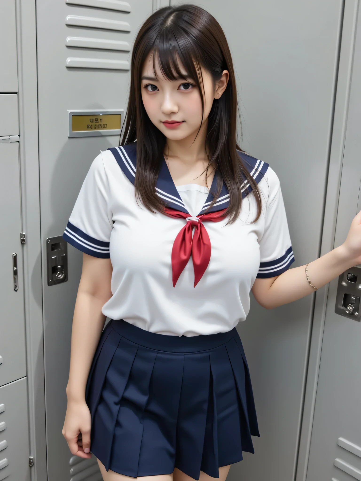 Close up portrait of woman in Japan sailor suit, Dark blue pleated skirt、Red ribbons、,(Detailed classroom)、full body seen、Colossal tits、is standing