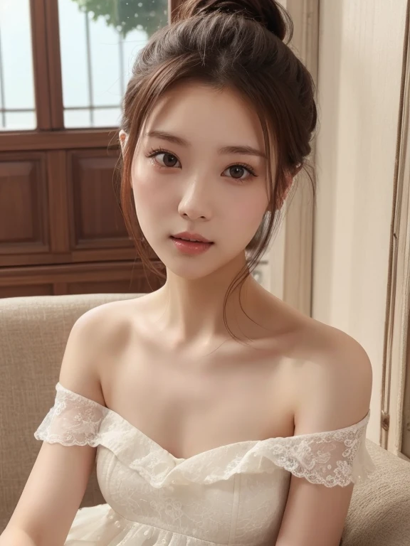 ((highest quality)), ((Photo quality)), (detailed), Perfect Face,White skin,10 years old,sofa,White Dress