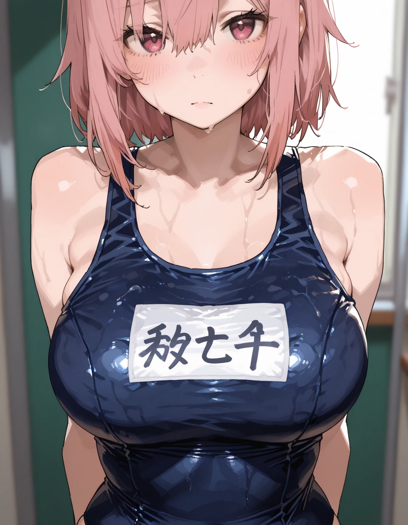 Dark-haired junior high school girl、Japanese、Berry Short、mash、Bobcut、cute、Large breasts、The chest is emphasized、Pichi Pichi School Swimsuit、Embarrassing、Red face