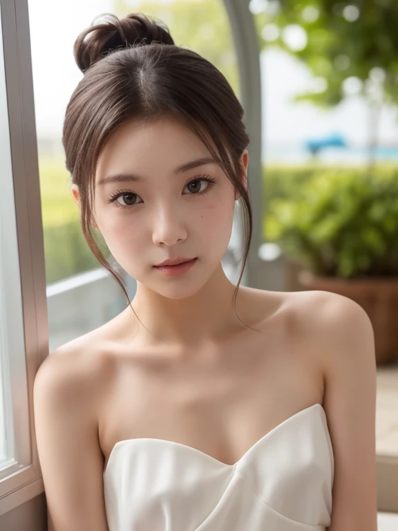 close-up of beautiful korean female, 34 inches breasts size, wearing halter neck dress, in tea house, cinematic scene, bokeh background, UHD