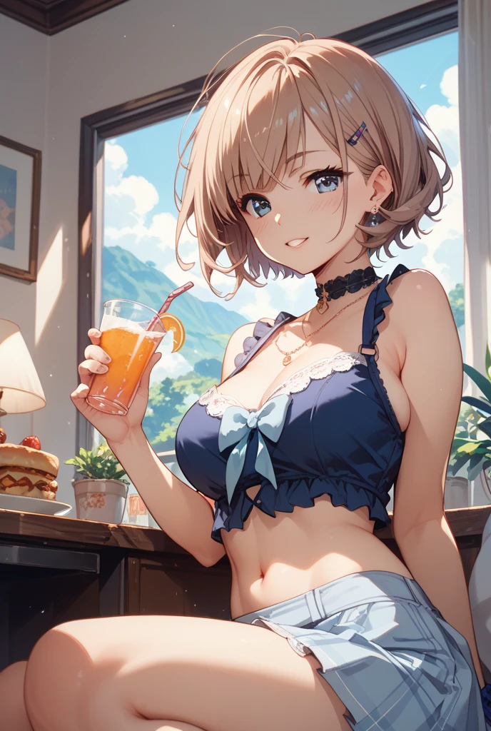 anime、Pink Hair、Big Breasts、valley、White sleeveless shirt、Shorts、Outdoor Cafe、noon、Holding a cup