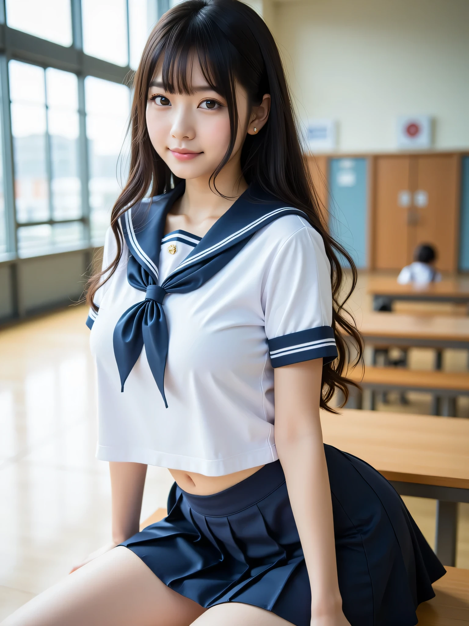 ((Breast enlargement)), (masterpiece, Highest quality:1.2), 8K, Young and beautiful girl, 85mm,Official AR RAW Photos, (Baby Face), ((Small face)), ((((Super big breasts)))), Detailed nipples, Show me your ears、photo shoot, Cute face, Thighs, Classroom after school, Looking at the audience, ((Knees up, legs apart)), ((Spread your legs in an M shape)), Embarrassing、smile、No makeup, Film Grain, chromatic aberration, Sharp focus, Face Light, Bright lighting, 10 generations, Detailed face, Background blur、((((((14 year old high school girl))))))、Narrow waist, ((Sailor suit, Navy Pleated Skirt)), show me your little white panties, sit with your legs spread, (Spread your legs and show your underwear)