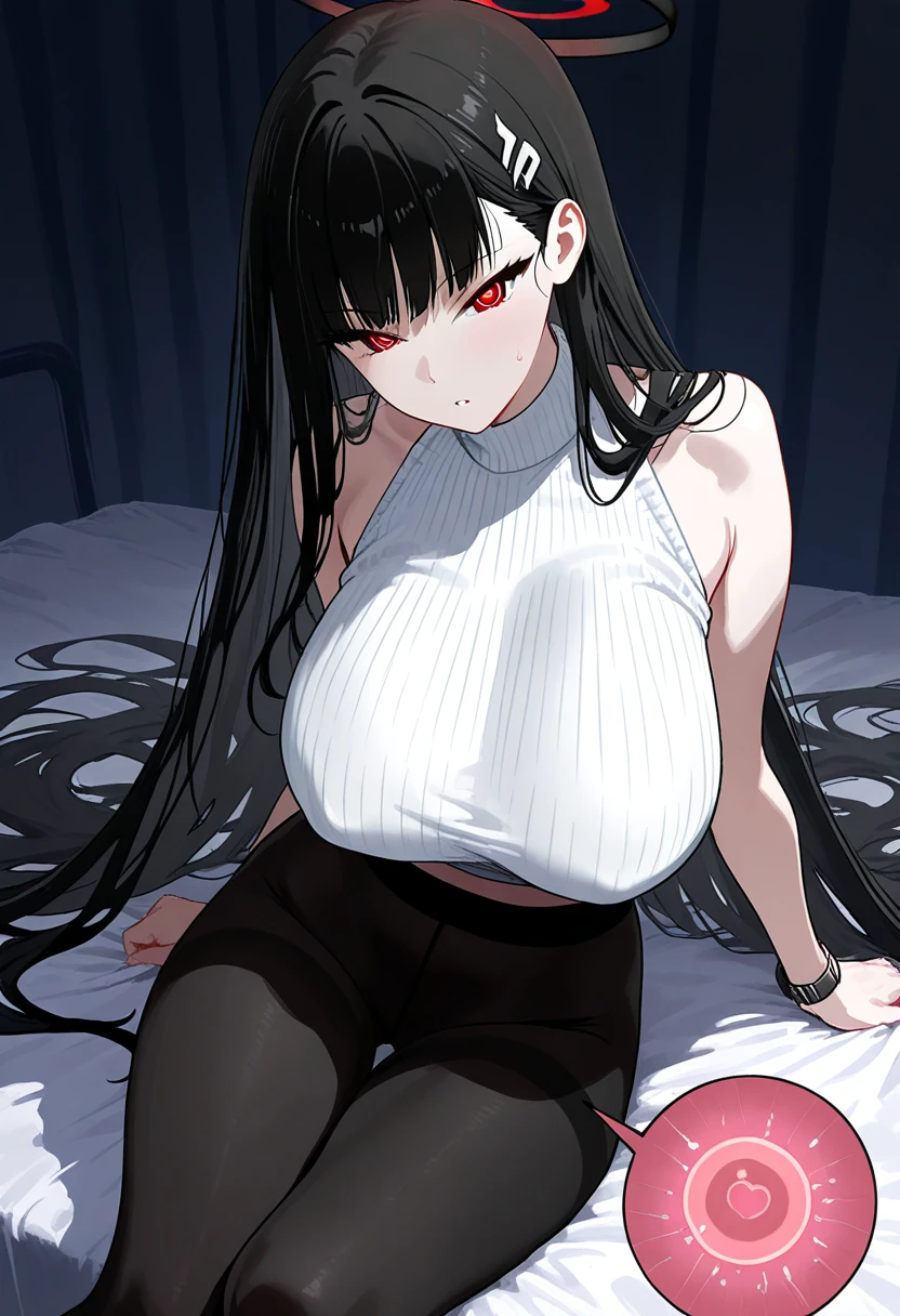 best quality, amazing quality, very aesthetic, absurdres, 1girl, rio (blue archive), blue archive, red eyes, black hair, (artist official art:1.5), (realistic face), (narrowed eyes), (cowboy shot), (concept art:1.5), panties, (thigh, glowing eyes:1.4), expressive eyes, perfect face, 4k, extremely detailed anime illustration, extremely detailed eyes, enhanced details, perfect anatomy, light rays, photo background, extremely delicate body, smooth skin, feminine expression, (black background:1.5), cristal clear eyes, beautiful face, big breasts