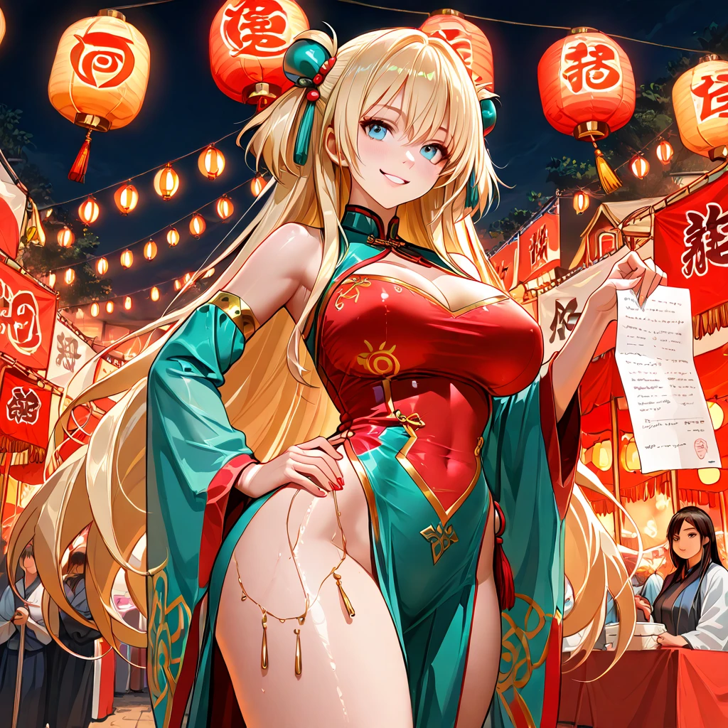 A portrait of a radiant adult 9 tails fox girl with a warm smile directed at the viewer,She is holding a sign which bears the inscription 'Kitsune Are Sexy', the background features a vibrant Chinese New Year celebration, lanterns, fireworks, traditional decorations, beautiful scenery, Breasts enlarged, elegant mature woman, large hips, big breast, Ahri, blonde hair, braid, flower on head, animal ears, fox ears, kemonomimi mode, super detail, high quality, highres, masterpiece