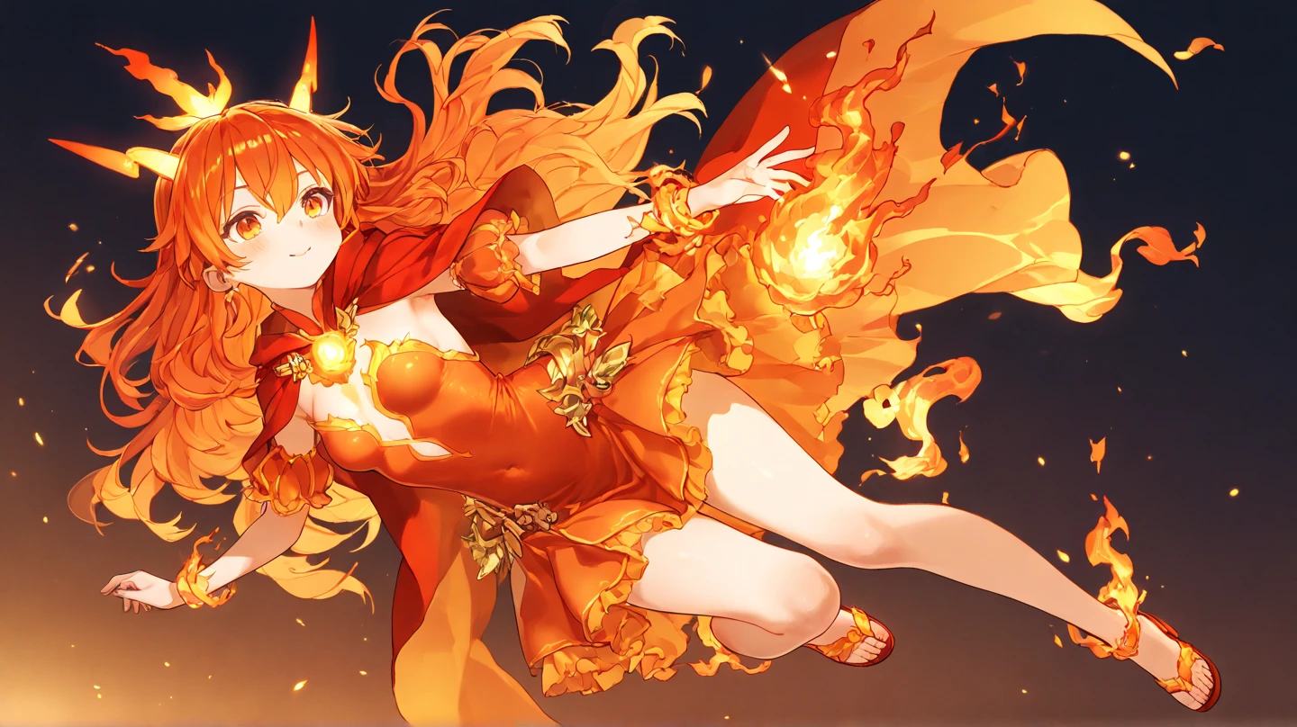 a woman in a red dress is standing in front of a fire, goddess of fire, fire goddess, fire dress, hot fire goddess, appears as the fire goddess, she has fire powers, extremely detailed artgerm, flames surround her, fire!! full body, dress made of fire, fire mage, with fiery golden wings of flame, fiery coloring, fiery aura