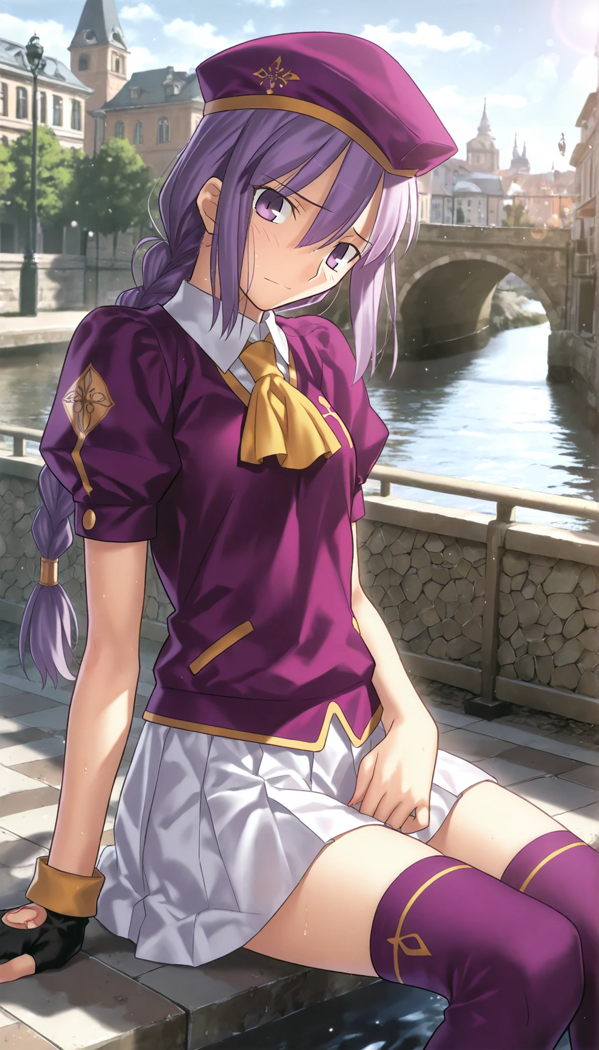masterpiece, , absurdres, highres, detailed background, high resolution, masterpiece, necessary, detail, best quality, quality, necessary, details, High details, Precise, 8k outdoors, (Eco-Futuristic Canal City, colorful light particles, powder light, river), day, lens flare, blurry background, from side,
1girl, Takeuchi Takashi (type-moon,tsukihime) style, takeuchi takashi style, (aged up), (reclining),(fidgeting) ,long thighs, cowboy shot,
girl, (slender body, slim arms, slim bod), (Sion) Eltnum (Atlasia) ,sion eltnam atlasia,(fate), purple hair , purple eyes, tsurime, hair between eyes ,long bang, long hair , braided hair , braided ponytail , yellow ribbon , EltnumOutfit ,small breasts, light purple sweater ,puffy short sleeves, collared undershirt , white undershirt , undershirt , yellow ascot ,(short sleeve), ,white skirt ,miniskirt, gold trim ,purple thighhighs ,single glove ,fingerless glove, black glove ,dark purple beret, ,((head tilt)), looking at viewer,(small breasts), ,