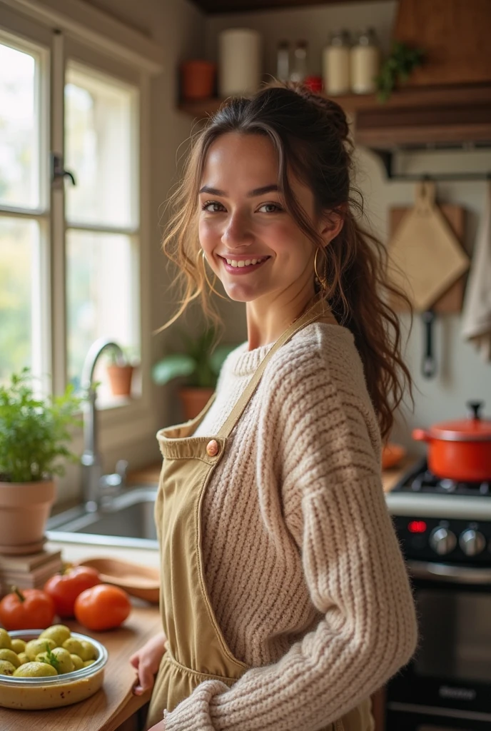 Instagram influencer with a not completely perfect body with red hair and green eyes. Bohemian style dressed standing in the kitchen with a coffee in her hand and smiling. with a dress and kitchen block

