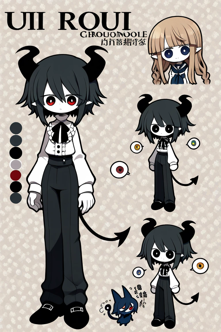 Non human monster with sharp teeth and multiple eyes around body main color black and red, black tentacles,  multiple rows of teeth, long tongue, for legged creature, horror, character sheet
