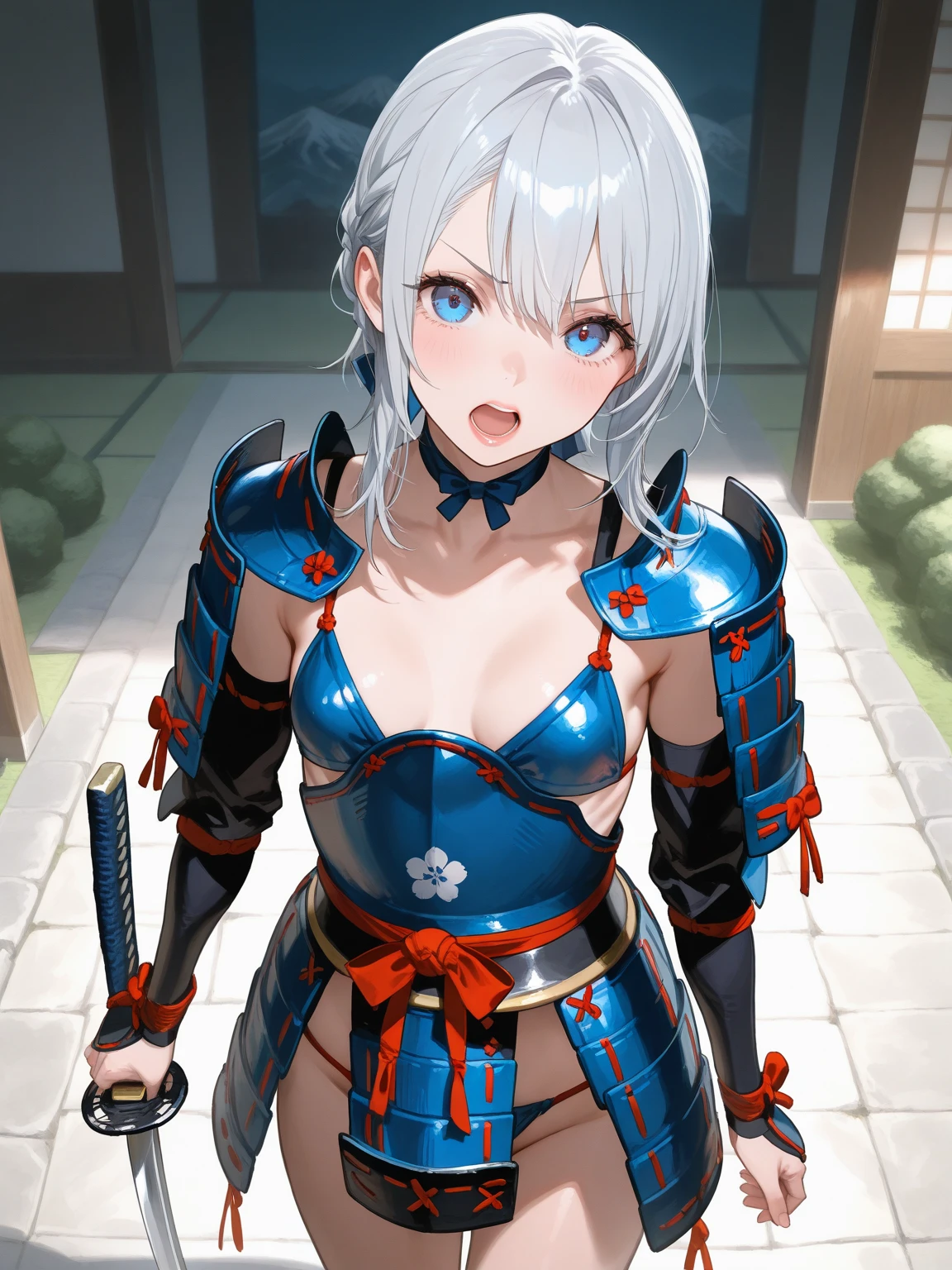 1girl,solo,super detailed skin,shiny skin,wet oily skin,expressionless face ,eyelashes,lips gloss,pale blue hair,short straight hair,sidelocks,large breasts,straight katana,Japanese armor , Japanese chest armor ,Japanese knees armor,wide-angle lens, cowboy shot,simple background ,masterpiece,best quality,ultra detailed,high resolution,sharp focus,depth of field