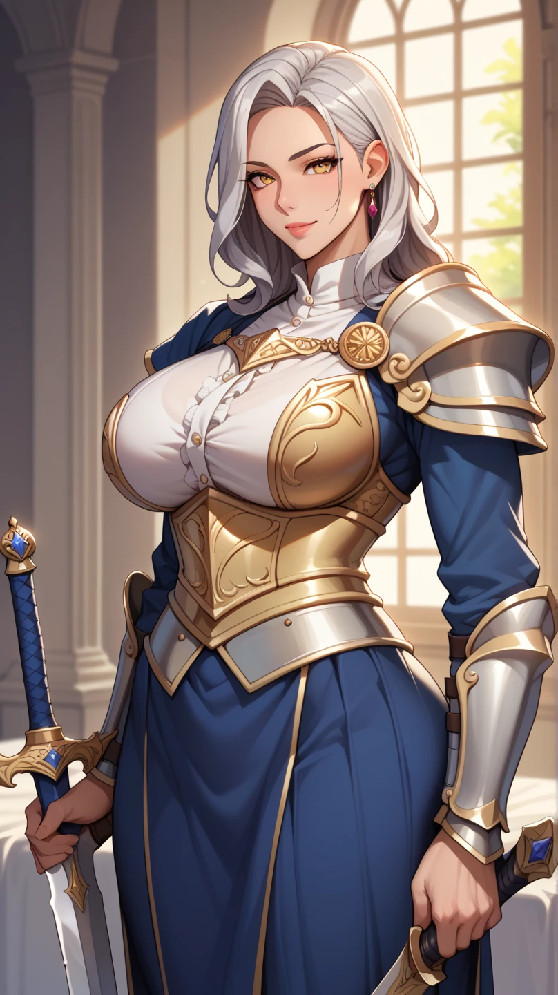 una mujer sexy con una falda de armadura de encaje de loto rosa y oro blanco, sartén chengwei en artstation, por Yang J., detailed fantasy art, impresionante arte de personajes, fanart best art station, Exquisite and epic character art., hermosa armadura, extremely detailed artistic germ, arte de anime digital detallado, artgerm en artstation pixiv, chica armadura, escote pechos grandes:1.2, (mini falda:1,5)