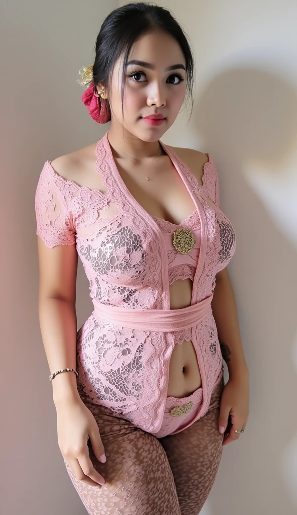 1 belgium-Indonesian girl, 22 years old, updo hairstyle, brown hair colour, fit body, big breast, cleavage, do not wearing bra, skintight purple lace kebaya, batik long skirt, masterpiece, highly detailed, ultra hd, 8k, detailed face, bright eyes, perfect eyes, detailed skin texture, detailed lips, sexy lips, perfect hands, dynamic angle, cowboy shot, background: balinese temple