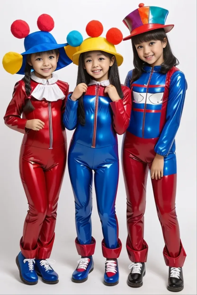 Three girls kindergarten　clown　Rubber suit　hair color: blue(1.1)　Circus hut　Japanese　Red and blue suit　二又にわかれたclownの帽子