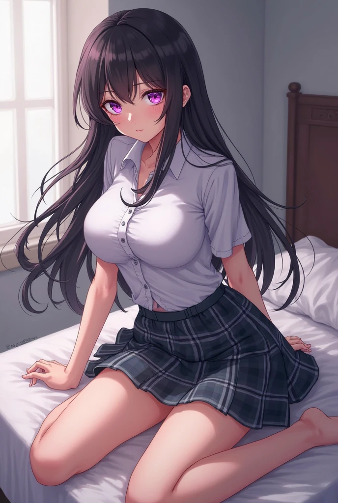 In her room, the open window curtain overlooking the park, pink walls, a chandelier on the ceiling, bed in the back with pink sheets, sitting cross-legged on a fine wooden chair, big chest, beautiful gradient, Full body, Beautiful anime style girl, clean detailed facesKawaii, anime girl, dynamic pose, (school uniform: grey V-neck blouse with lace and neckline, black mini-skirt with pleats and butterfly patterns, white knee-high stockings with diamond patterns, red bow tie), massive chest, full body, Uhd digital painting, hyperdetailed triadic colors, unreal engine, intricate detail, complementary colors, concept art based on the art of Range Murata, 8k resolution, heavy strokes, dynamic light source