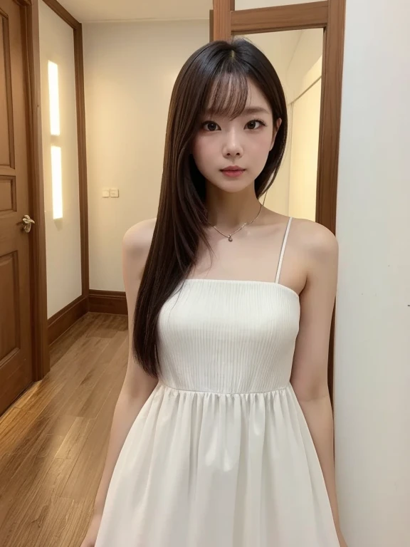  korean with long red hair, Caucasian skin, white dress with bunny ears, Selfie 