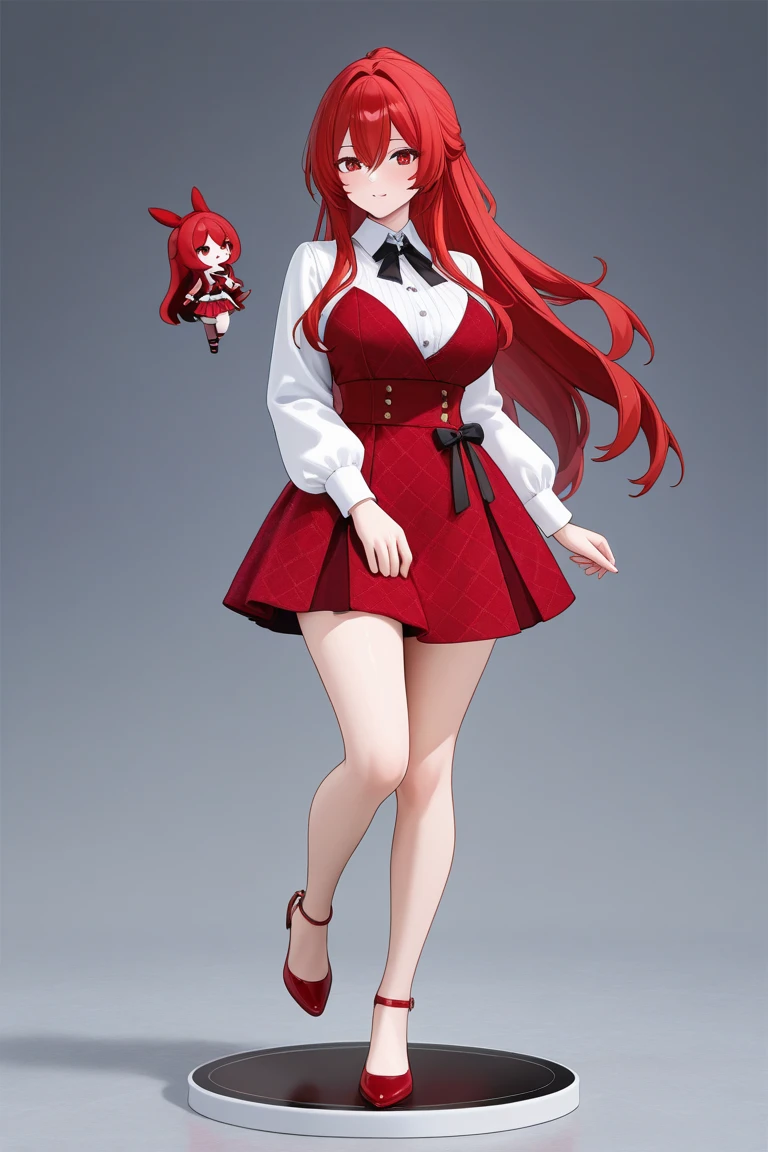 long wavy hair, vibrant fiery red hair, skinny, gigantic breasts, 2 breasts, anime girl, erect nipples poking through dress, black high heels, with a deep red hue dress with a delicate floral pattern, and lace overlay, high neckline, form-fitting, ankle length with a slit up to the knee