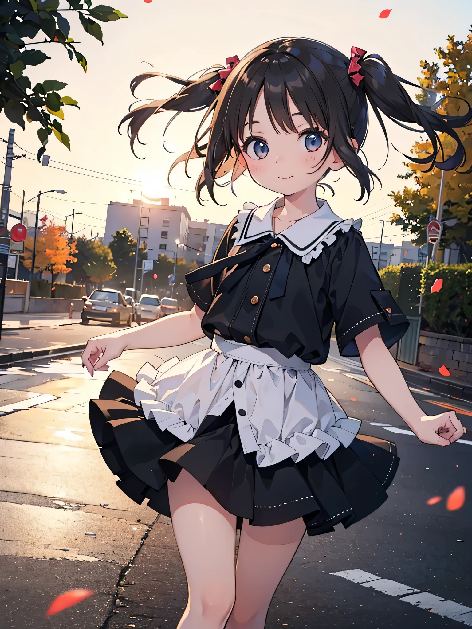 Official Art, wallpaper, very detailed, (((very detailedな目と顔))), Real Portrait, (top quality, masterpiece, high definition), (high definitionスキン: 1.2), 8K ultra HD info show, backlight, blurry background, big smile, One person girl, beautiful woman highlighting her lower lip, Attractive and beautiful顔が全身と顔を反映している, Beautiful face and perfect skin , Diffused, natural skin shine, Attractive and beautiful, Gorgeous and attractive, soft lighting , natural beauty , long black hair, twin tails、petticoat、long legs、Skirt fluttering in the wind、On the road
