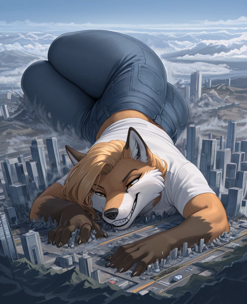 by fluff-kevlar, by Zackary911, by Kenket, by Kilinah, by fluff-kevlar, (masterpiece), (best quality), (anthro furry:1.3, snout:1.2, anthro:1.3, furry:1.2, solo female:1.2), (extremely detailed:1.3), (curvaceous figure, thicc figure), (very muscular), (massive breasts), (massive muscular thighs), (huge butt), (nuetral expression), city background, anthropomorphic orange-furred cat, laying on stomach