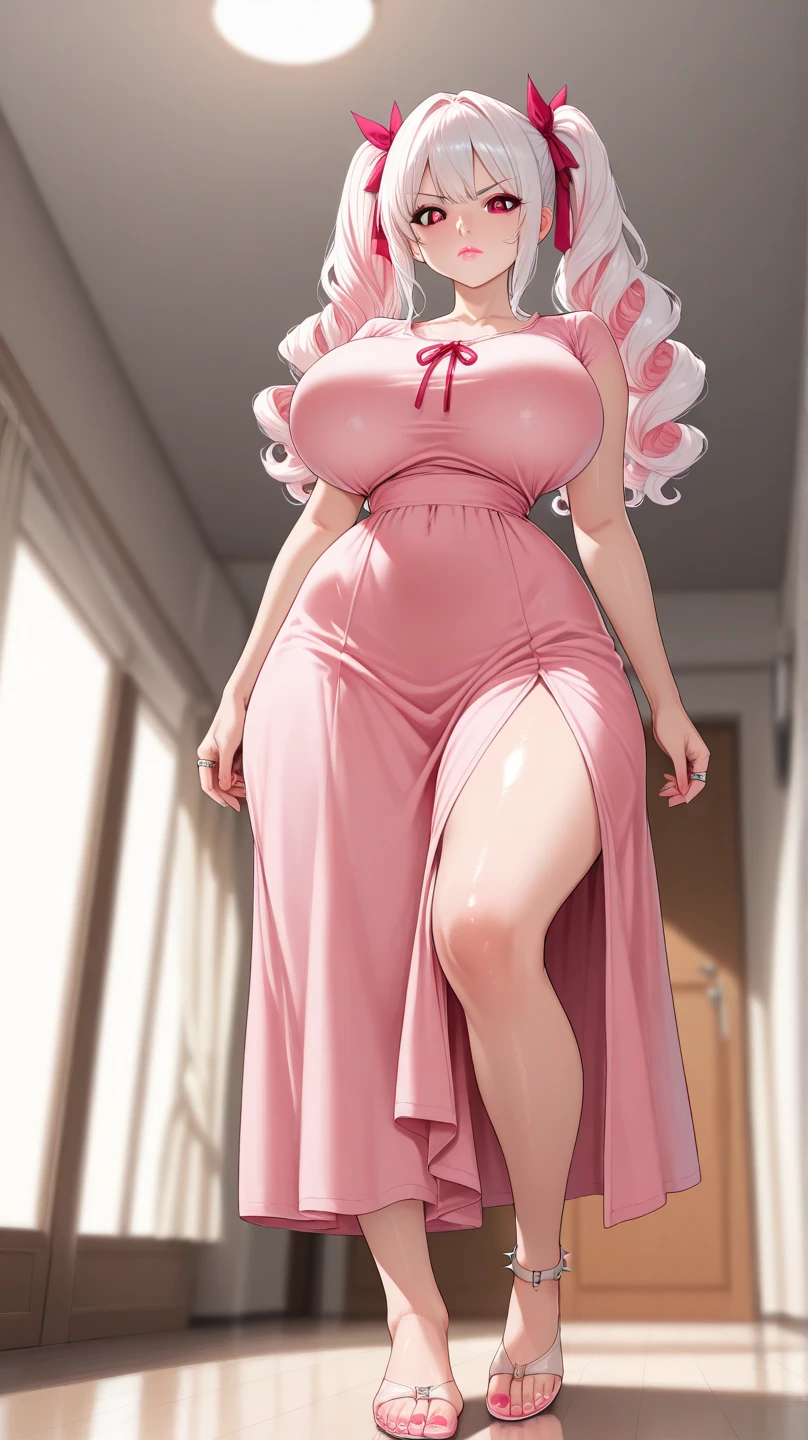 ((highest quality)), ((masterpiece)), (be familiar with), (perfect face), (ultra high resolution:2), (pov:1.8), (most beautiful girl), (beautiful symmetry face), (perfect sexy figure:2), (perfect sexy proportion:2), (beautiful body), (huge breast:1.7), (big breast:1.8), (ultra soft breast:1.8), (very soft breast:1.9), (natural breast:1.5), (very soft cleavage:1.9), (great cleavage:1.1), (1girl:1.5), (dress that emphasize cleavage:1.6), (pose that emphasize cleavage:1.9) ,(kind smile:1.4), (her chest facing to me:1.6), (her body facing to camera:2), (breast is about to overflow from dress:1.9), (girls are lifting their breasts with their own left and right hands:1.5), (sitting on bed:1.4), (sexy high slit dress:1.8), (v-strings high waist:1.9), (extreme high waist:1.4), (party dress:1.3), (silvery pink hair:1.5), (short-bob hear:1.7), princess, (European woman:1.9), (knee shot:1.5), (The screen shows the girls' body from the thighs up:1.2), (hotel resort:1.2), (gorgeous bed room:1.6), (gold sexy party dress:1.1), extreme sexy dress, super sexy dress, (gorgeous suite:1.9), royal, (gorgeous:2), seductive pose, brown eyes, (beautiful navel:1.1), (her gaze is on camera:1.5), (transparent glass wall:1.5), (big window:1.3), high detailed room, (gentle lighting:1.3), (natural sunny front lighting:1.3), non-nude,